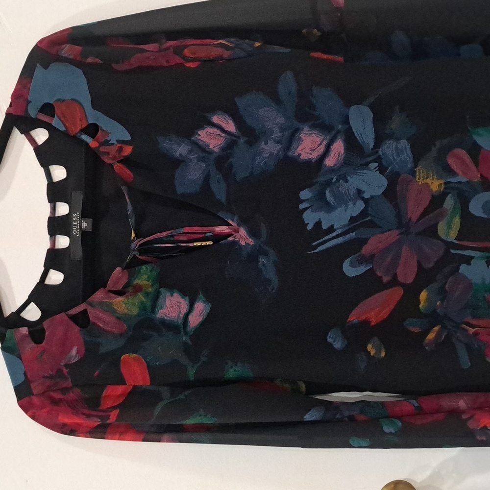 Guess Black and Red Floral Cutout Blouse